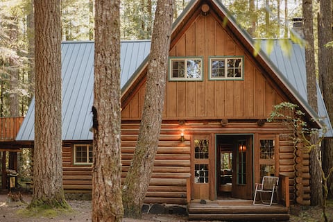 Hand built log lodge with deep cedar soaking tub