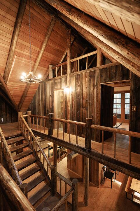 Hand built log lodge with deep cedar soaking tub
