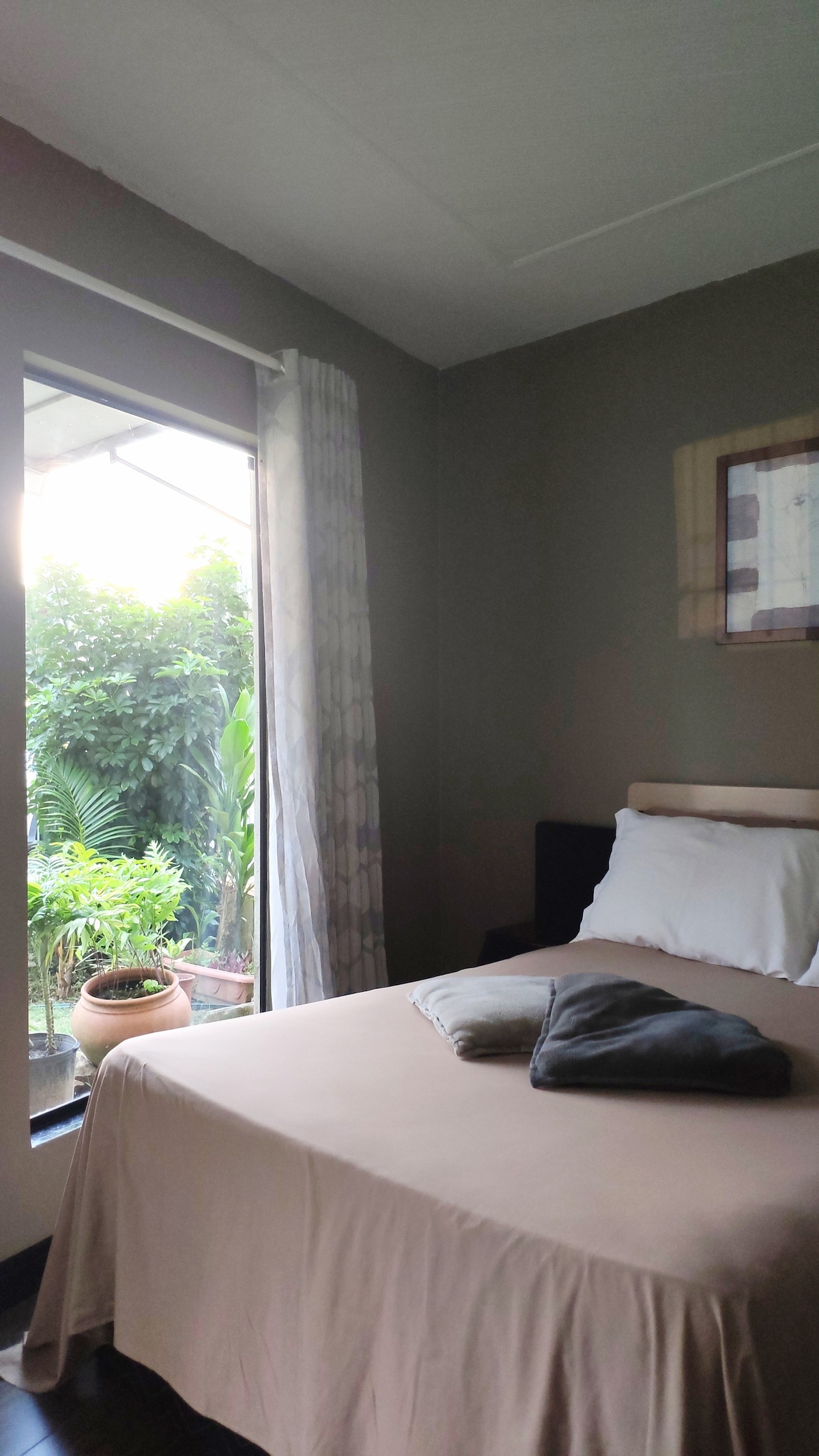 A cozy sleeping space is furnished with a spacious bed covered by a neutral-toned blanket. Natural light filters through a glass door leading to a small outdoor area with lush greenery. A plant pot adds a touch of nature to the room.