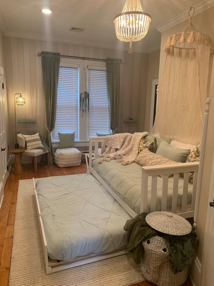 Our Bunk Room features a double bed with twin trundle bed. In the closet is where you will find any extras, we have available to make your stay as easy as possible!