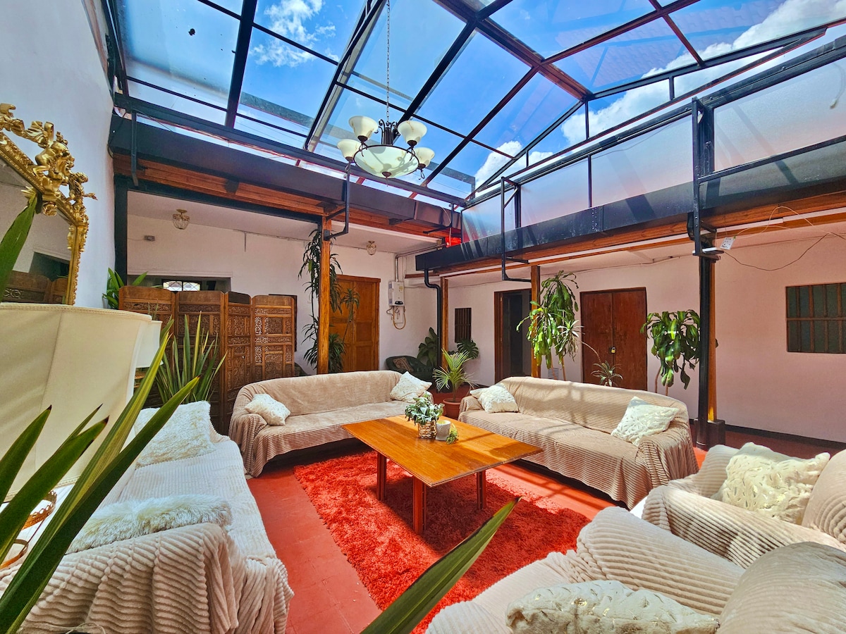 A spacious living area features multiple light-colored sofas arranged around a wooden coffee table. Green plants are placed throughout, and the room is brightened by natural light streaming through a glass ceiling. A ceiling fan is visible, providing ventilation.