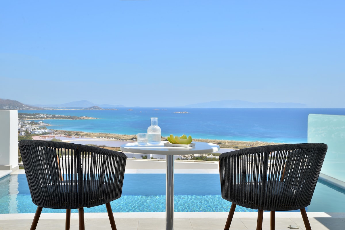 A serene outdoor terrace features a circular table set for two, accompanied by two woven chairs. A stunning seascape unfolds beyond, showcasing an expansive view of the beach and distant islands. A private pool reflects the vibrant blue of the sky and water.