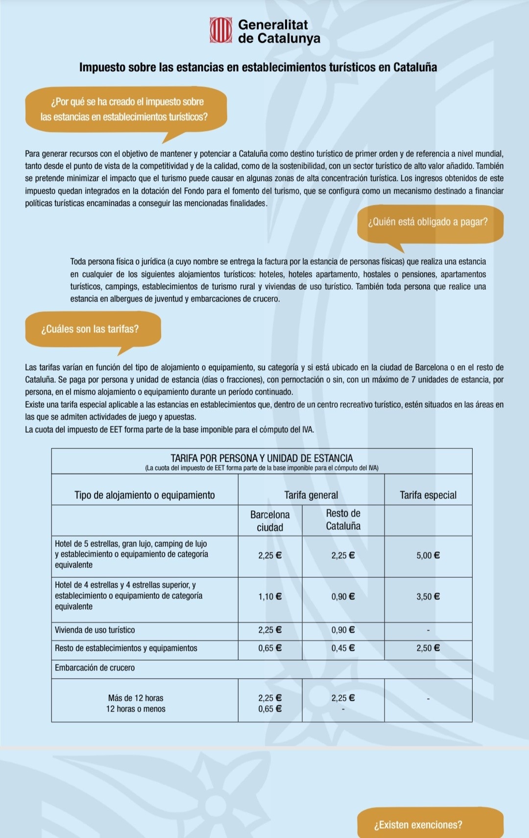 A document outlining the tourist tax regulations in Catalonia is displayed. It includes sections establishing the reasons for the tax, obligations for payment, and detailed information about rates applicable in various locations, including the city of Barcelona and surrounding areas.
