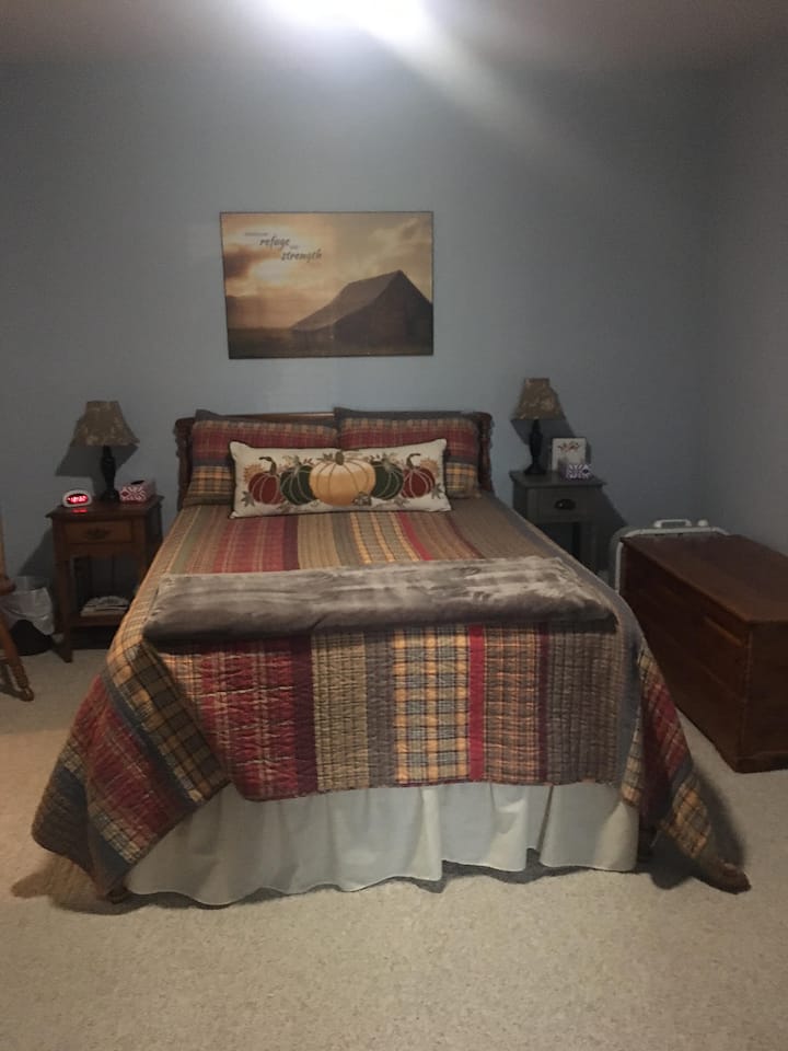 Full double bed.  Box fan available for guests who use one for sleeping purposes.