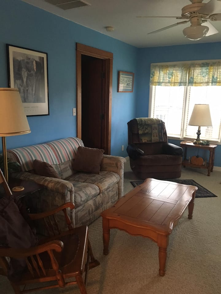 Love seat folds out into a twin bed.