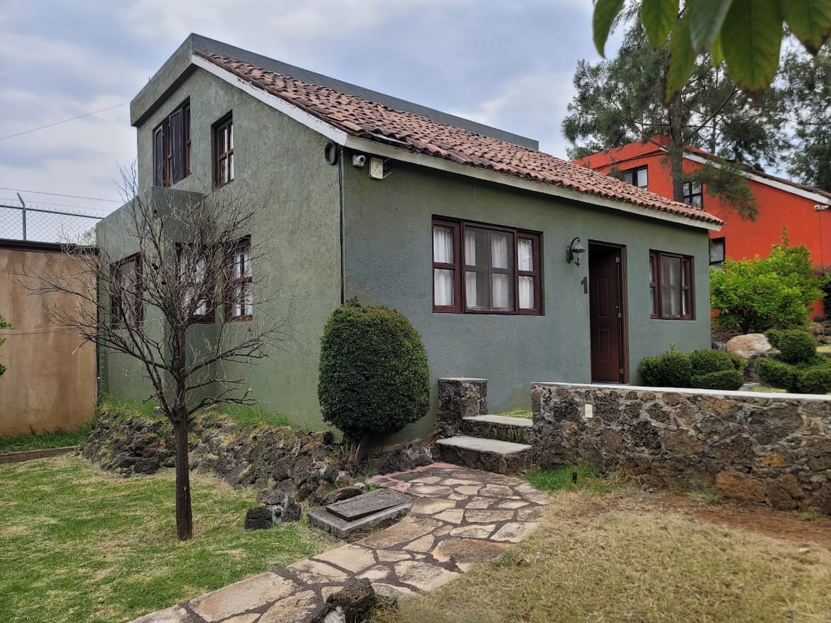 A charming cabin is showcased with a green exterior and a reddish-brown tiled roof. The entrance features a wooden door and a pathway made of stone leading into the well-kept garden, surrounded by trimmed hedges and rocks.