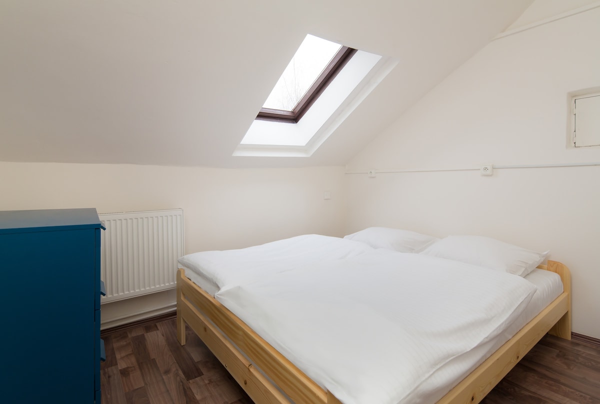 A bright and airy private room features a spacious bed with white bedding, complemented by a skylight that allows natural light to filter in. A blue dresser stands in the corner, creating a serene and functional space for relaxation.