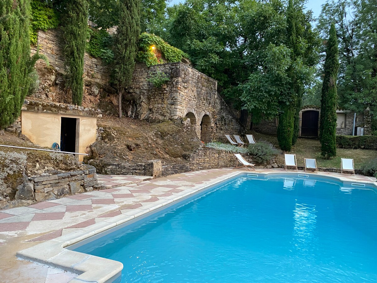 A clear blue pool is surrounded by a stone patio, with several lounge chairs arranged beside it. The lush greenery and tall trees provide shade, while a rustic stone wall with archways is visible in the background. An entrance to a building is located near the pool.