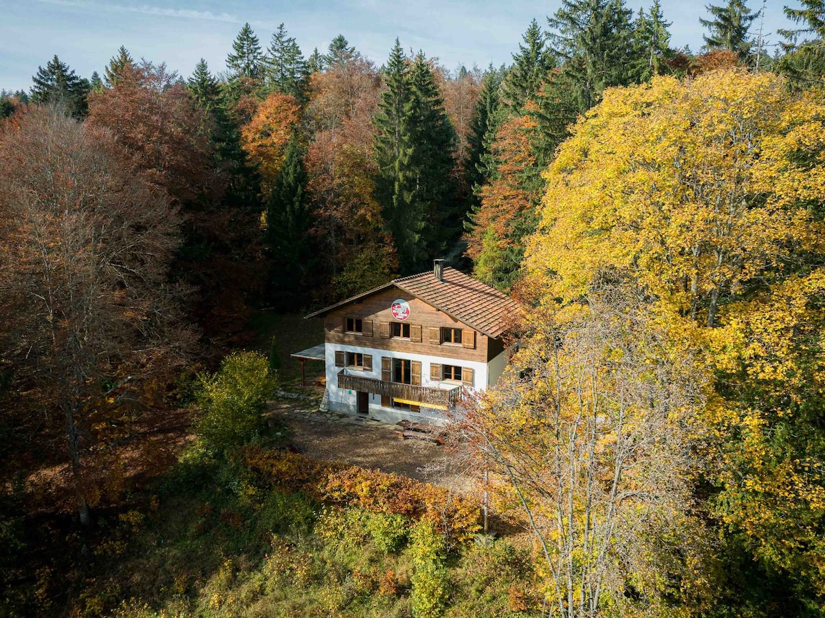 A chalet is nestled among vibrant autumn foliage, surrounded by tall trees. The building features a traditional design with wooden elements, multiple windows, and a sloped roof. The natural landscape enhances the secluded ambiance of the location, ideal for outdoor activities.