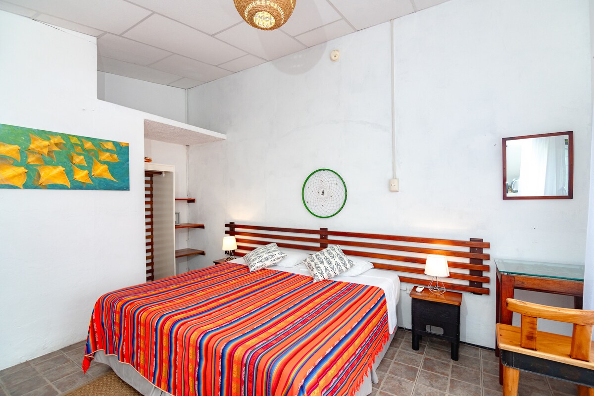 A bright sleeping area features twin beds dressed in colorful striped linens. Two bedside lamps are situated on either side of the beds. A simple wooden desk and chair are present, complemented by wall art depicting fish. Natural light enters through a window, enhancing the space.