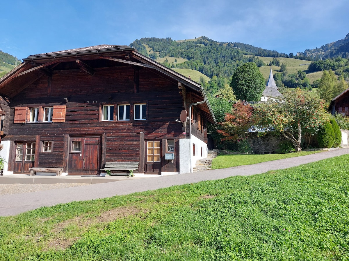 A traditional chalet is depicted against a backdrop of rolling green hills and mountains. The wooden structure features multiple windows and a blend of dark and light wood tones. Lush greenery surrounds the property, enhancing the natural setting.