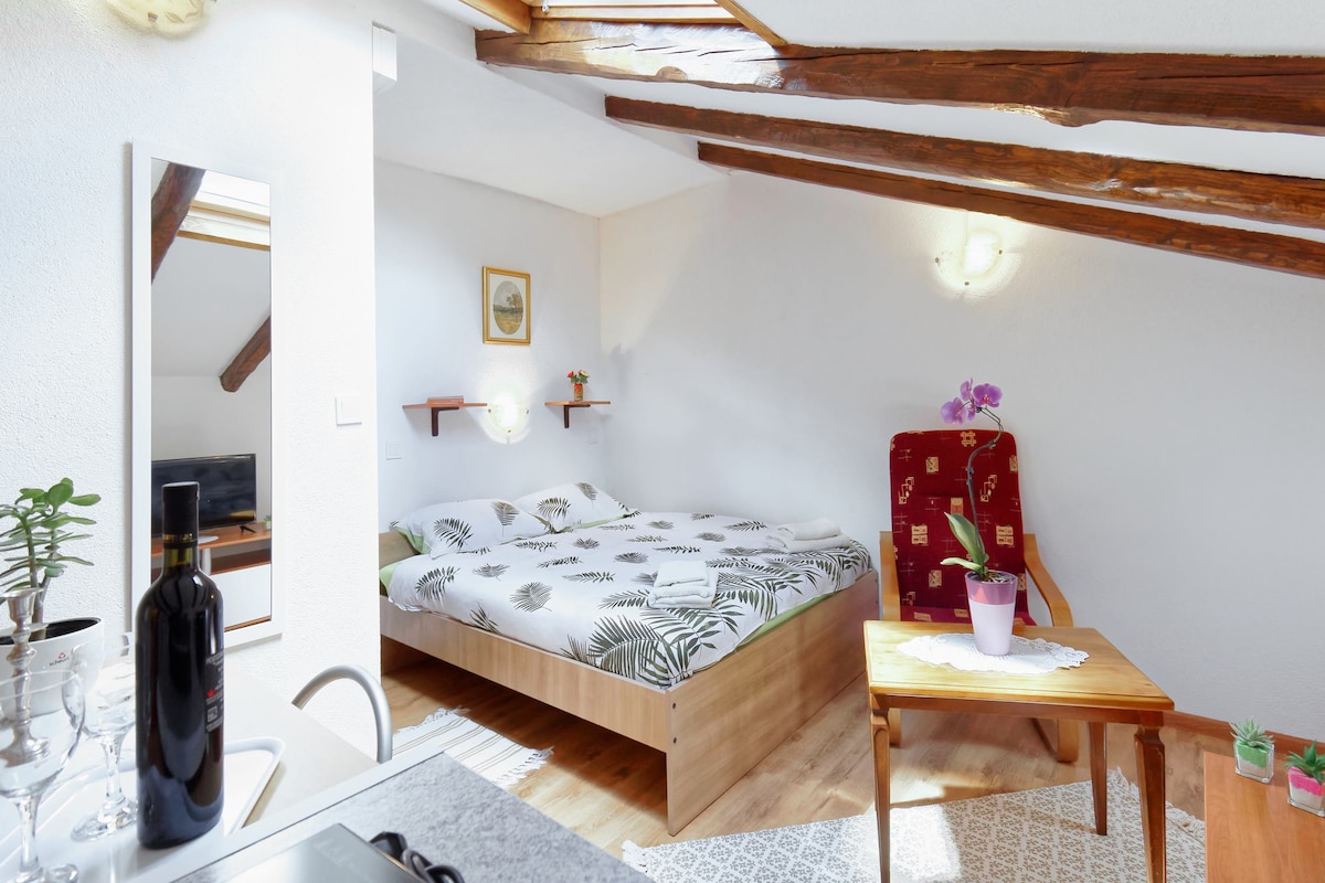 A studio apartment is showcased with a sloping ceiling, featuring a spacious bed adorned with a patterned duvet. A cozy seating area includes a red chair beside a small wooden table. Natural light filters through the window, illuminating the warm wooden flooring.
