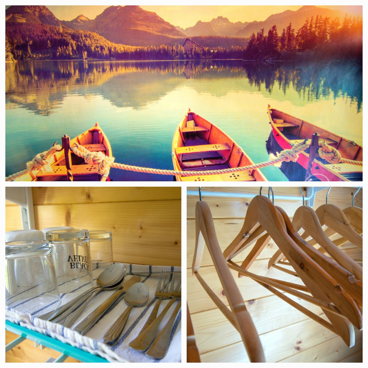 A serene lakeside image features wooden boats moored at the shore, framed by majestic mountains and a calm water surface. Below, glass jars and a set of neatly arranged utensils are displayed on a tray, alongside wooden hangers organized on a rack.