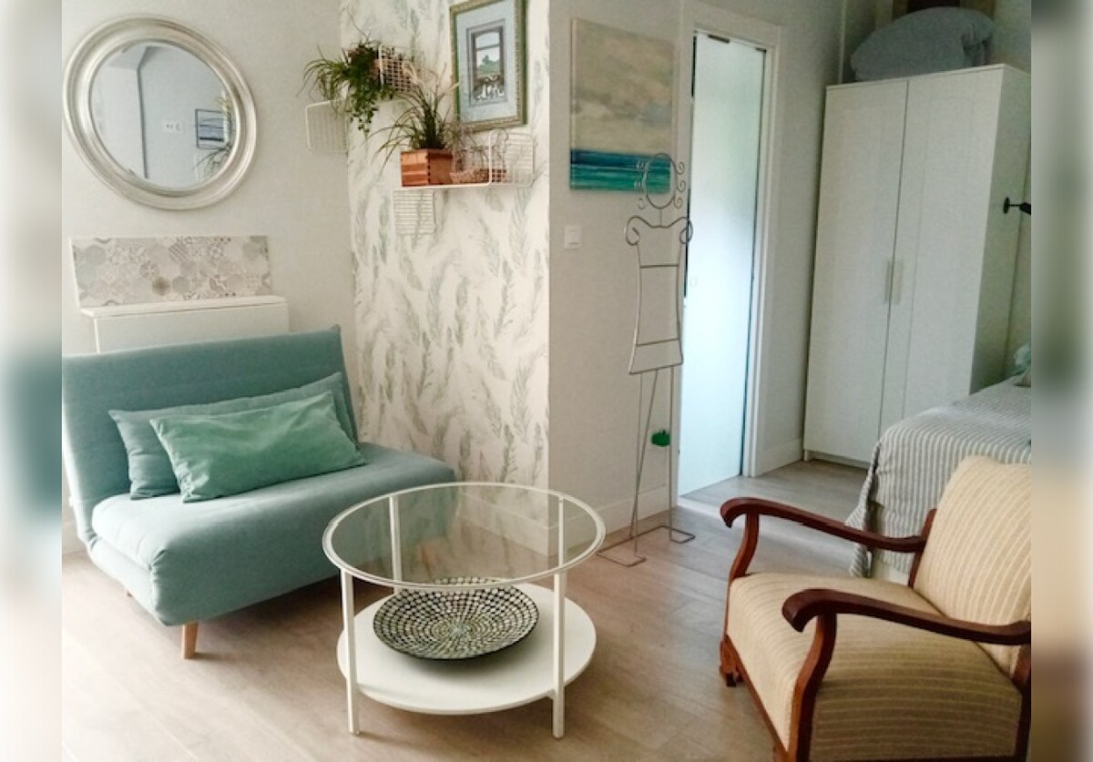 A cozy living area features a light blue sofa with pillows and a small glass coffee table at its center. An armchair with a striped pattern is positioned nearby. The walls are adorned with green plants and decorative artwork. A closet and open door lead to a separate room.