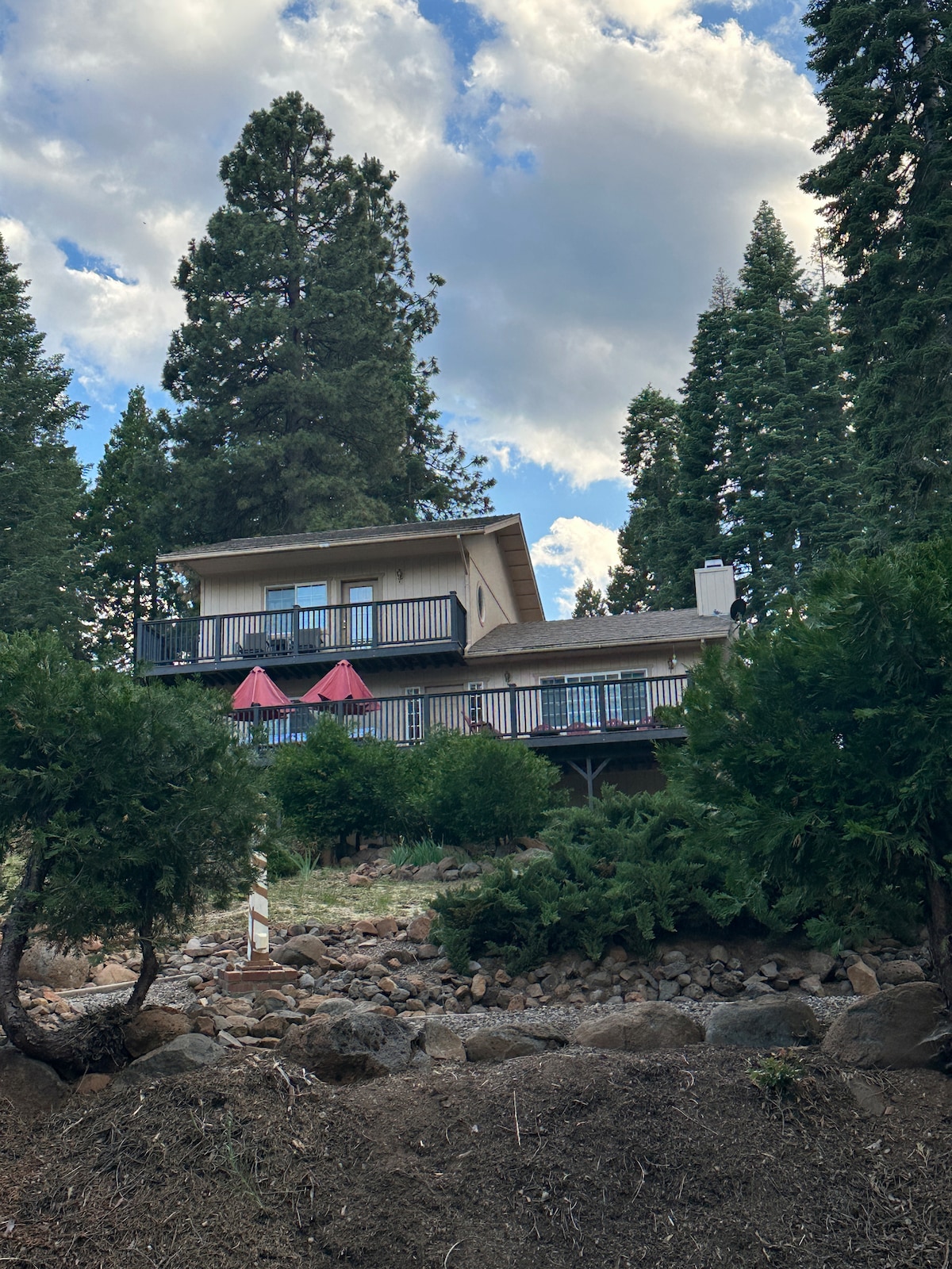The exterior of the home is visible, featuring a two-story structure surrounded by tall pine trees. A large front deck is equipped with two umbrellas, providing shade. The landscaped area includes rocks and greenery, enhancing the natural setting.