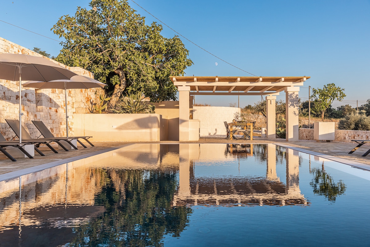 A tranquil swimming pool glistens under a clear blue sky, bordered by spacious stone patio areas. Comfortable lounge chairs are positioned around the pool, complemented by shaded umbrellas. A wooden pergola provides outdoor seating, surrounded by olive trees and landscaped greenery.