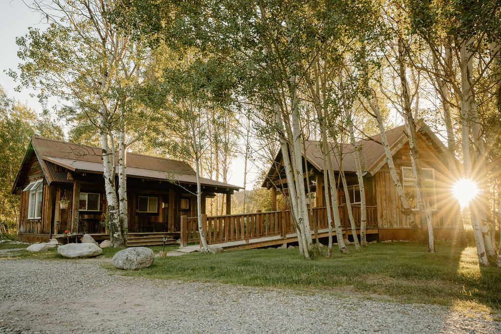 Two rustic cabins are nestled among aspen trees, connected by a wooden walkway. Soft sunlight filters through the trees, casting gentle shadows on the gravel pathway. The natural setting offers a peaceful retreat, surrounded by greenery and a serene atmosphere.
