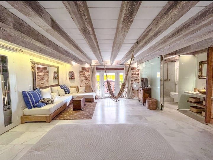 KRÁSA MINULOSTI S POHODLÍM PRÍTOMNOSTI! Mramorové podlahy, trámy z tropického dreva, steny s hrúbkou 60 cm. El Estar má 2 denné postele a hojdaciu sieť na oddych a krásny balkón s výhľadom  na Calle bella Calle Santo Domimgo.