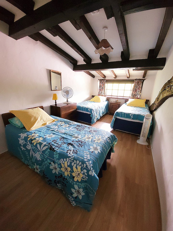 Dormitorio en el primer piso con 3 camas individuales.
Incluye ventilador de mesa, ropa de cama, toallas, cajones, mesita de noche, lámparas, cubo de basura, taburete para una mesita de esquina, percha portátil para ropa, detector de humo y persianas opacas.