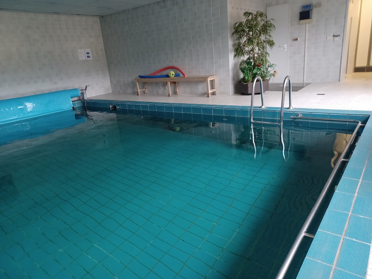 An indoor swimming pool is featured, with clear turquoise water and tiled surroundings. A set of stainless steel pool steps is positioned at one end, and a bench is located nearby. A potted plant adds a touch of greenery to the area.