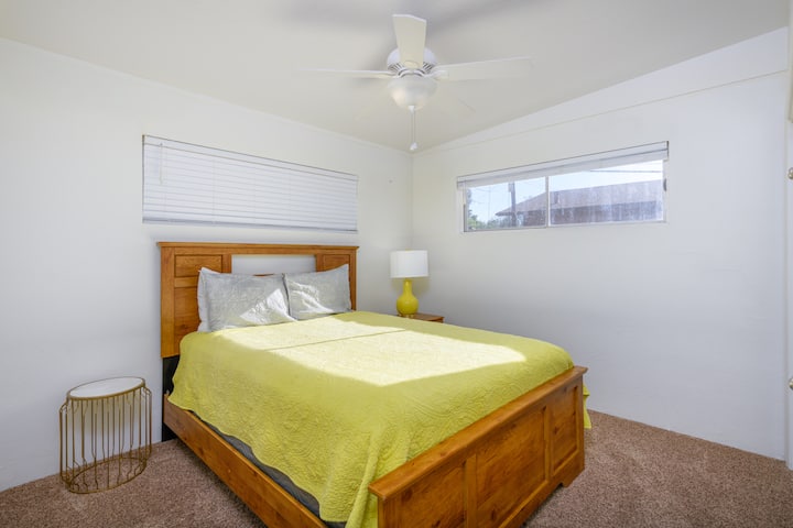 Queen bed, closet, built in storage.