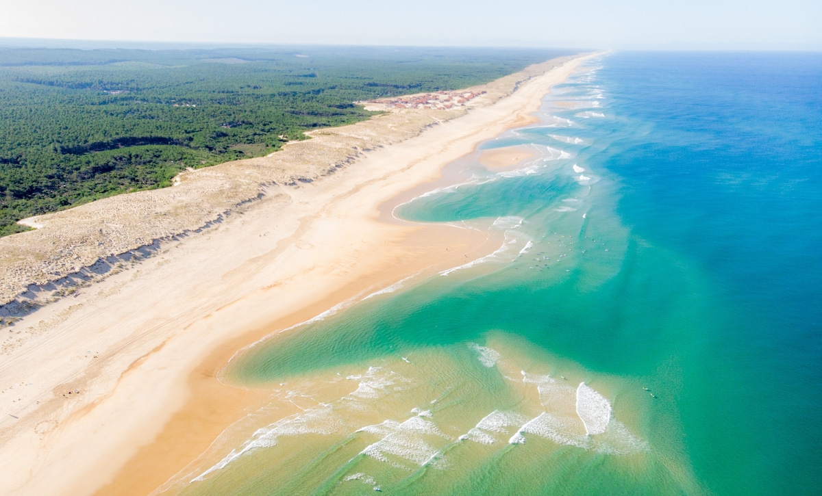 A sweeping aerial view captures a vast stretch of sandy beach meeting vibrant blue waters. Gentle waves lap against the shore, while lush green forests line the background, providing a tranquil contrast to the sandy shoreline.