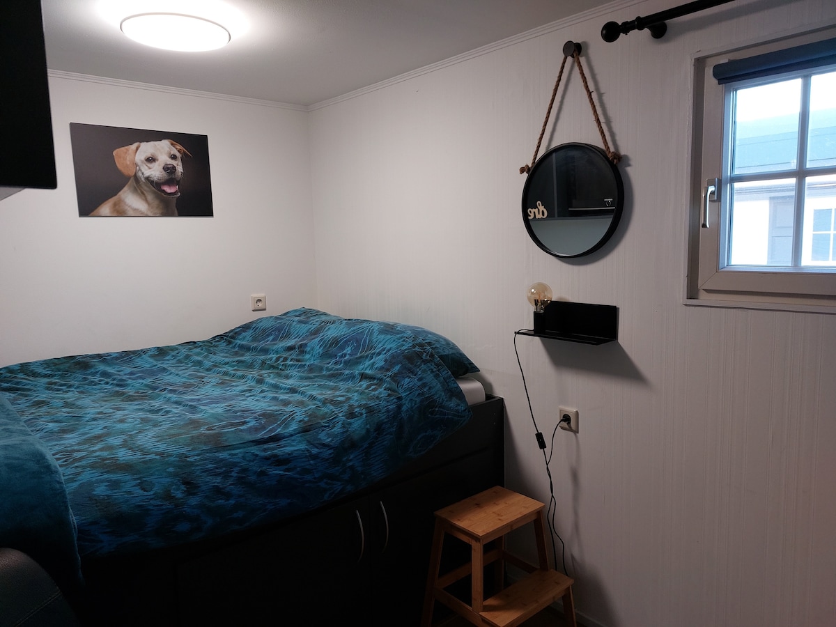 dormitorio con cama matrimonial (140x200). La cama está elevada y es más alta de lo normal
Armario, TV, silla y cortina opaca. 