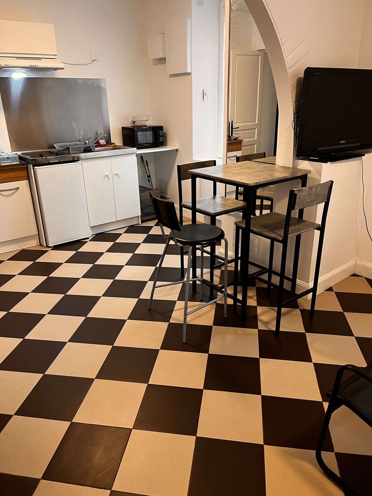 The kitchen area features checkered flooring in black and white, along with a compact dining set that includes two stools. Kitchen appliances, including a refrigerator and microwave, are visible in the background, contributing to a fully equipped space.