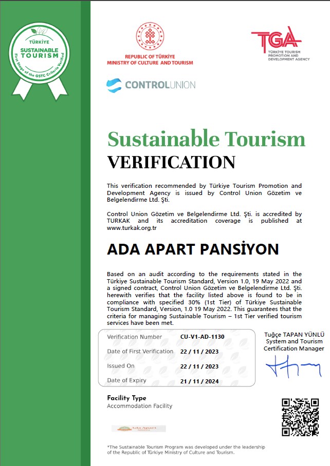 A certification document is displayed, indicating participation in sustainable tourism practices. The certificate includes official logos and verification details. Key information such as the facility type, verification dates, and an accreditation number are clearly presented, ensuring transparency in eco-friendly commitment.