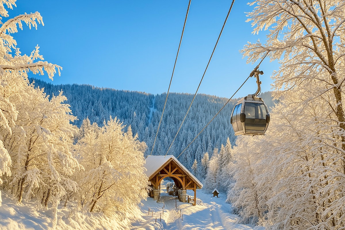 A scenic winter landscape is captured, featuring a gondola traveling towards snow-covered mountains. The ground is blanketed in fresh snow, and trees are coated with frost, creating a serene atmosphere. A wooden shelter stands nearby, adding to the tranquil setting.