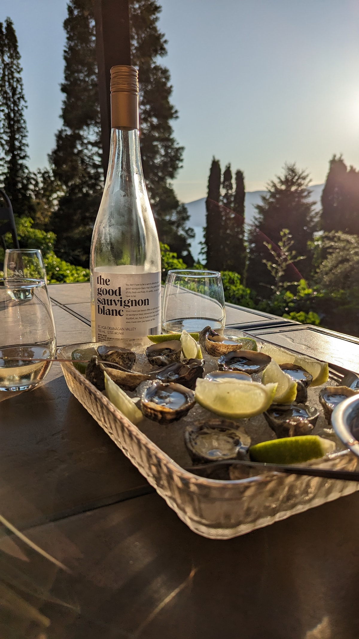 A glass tray holds oysters garnished with lime wedges, accompanied by a bottle of Sauvignon Blanc and a glass. The table is set outdoors, with a backdrop of lush greenery and a glowing sunset illuminating the scene.
