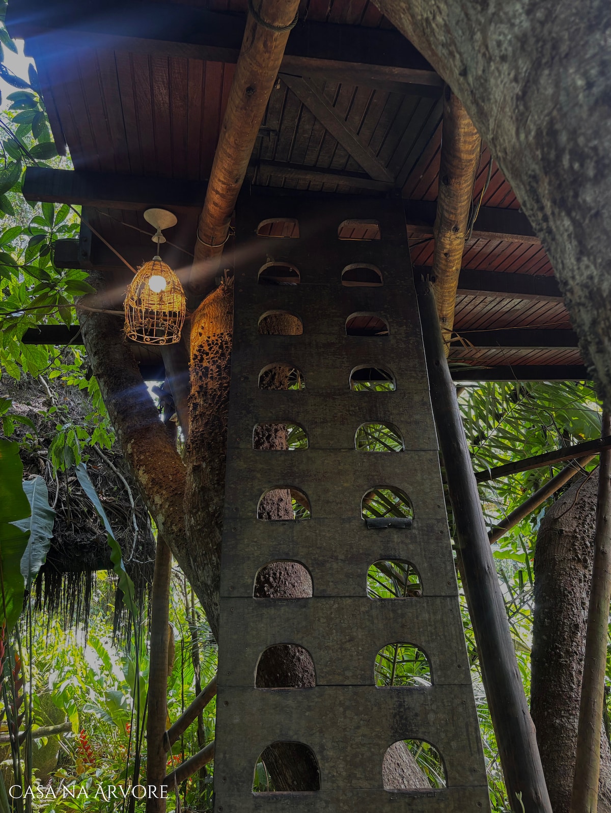 A staircase crafted from natural materials leads to a treehouse nestled among lush greenery. A decorative lantern hangs from the ceiling, casting soft light. The staircase features uniquely shaped openings that highlight the rustic charm and close connection to nature.