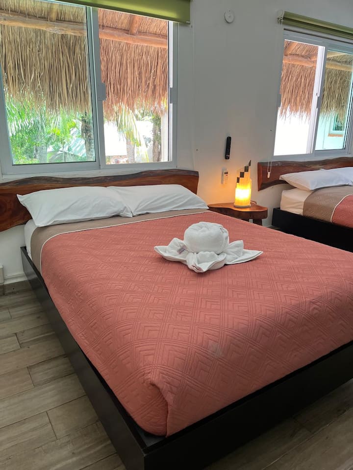  Habitación Selva con 2 camas matrimoniales, cocineta equipada, baño privado, TV y A/C.