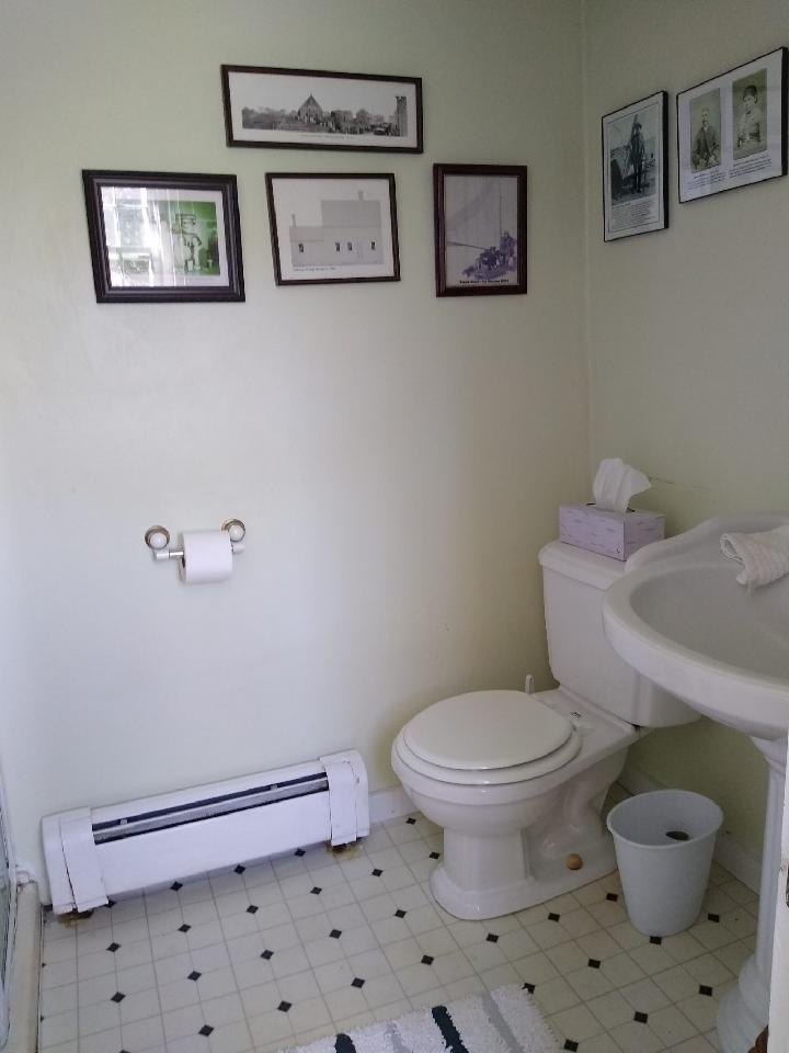 A clean and functional bathroom is presented, featuring a toilet and a sink with a curved countertop. Framed photographs adorn the walls. A small trash bin and tissue box are available, with a bath mat on the tiled floor.