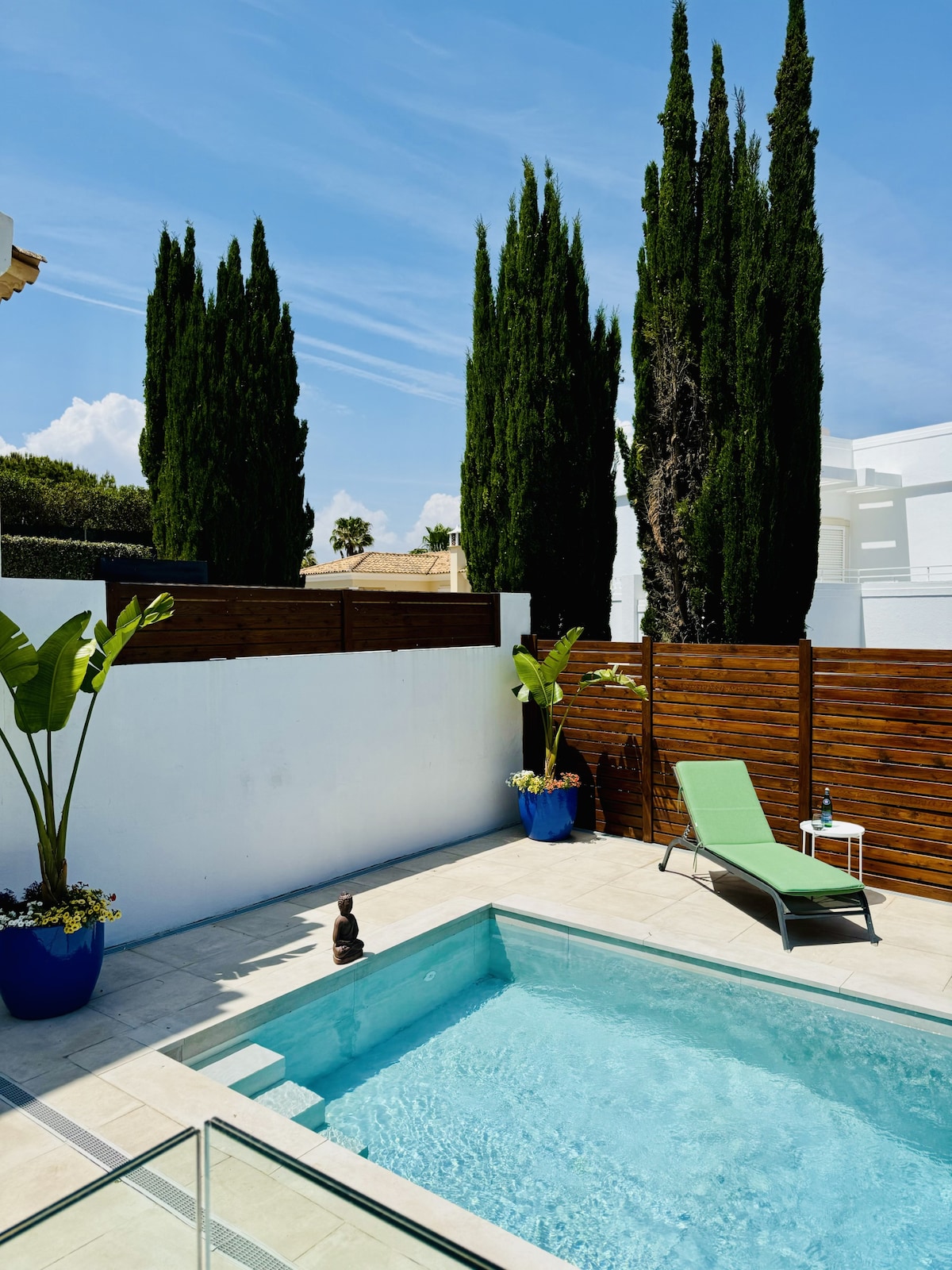 A small private pool is framed by tall, slender cypress trees and modern wooden fencing. A chaise lounge is positioned beside the pool, offering a place to relax. Decorative plants in blue pots add a touch of greenery to the serene outdoor space.