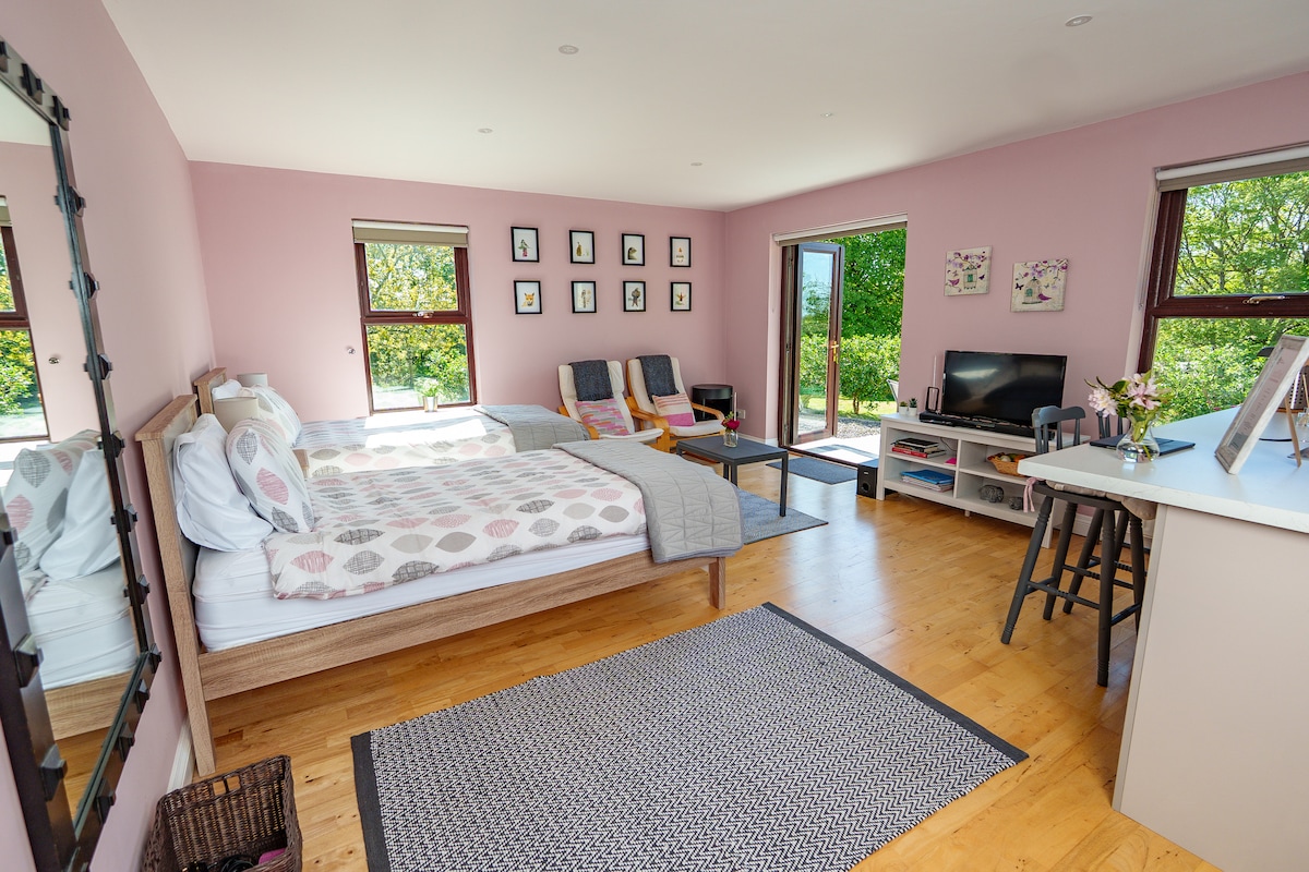 A twin bedroom features light pink walls and large windows, allowing natural light to fill the space. Two beds are positioned prominently, complemented by a cozy rug and a comfortable seating area. A small kitchenette with a breakfast bar is visible, along with a television and decorative wall art.