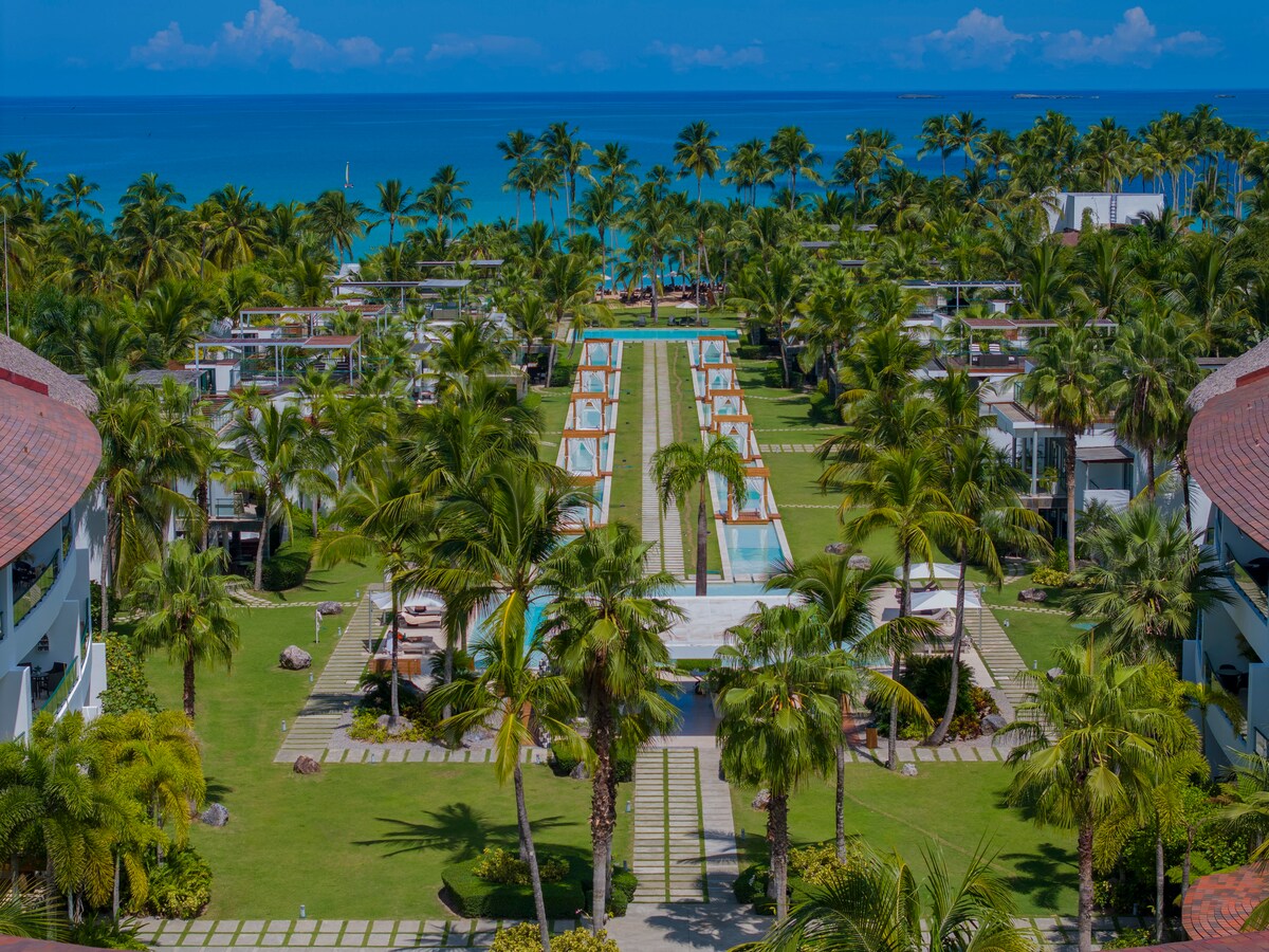A view of the resort showcases lush palm trees lining manicured pathways and tranquil pools. The vibrant greenery contrasts with the deep blue ocean in the background, creating a serene atmosphere that invites relaxation and exploration.