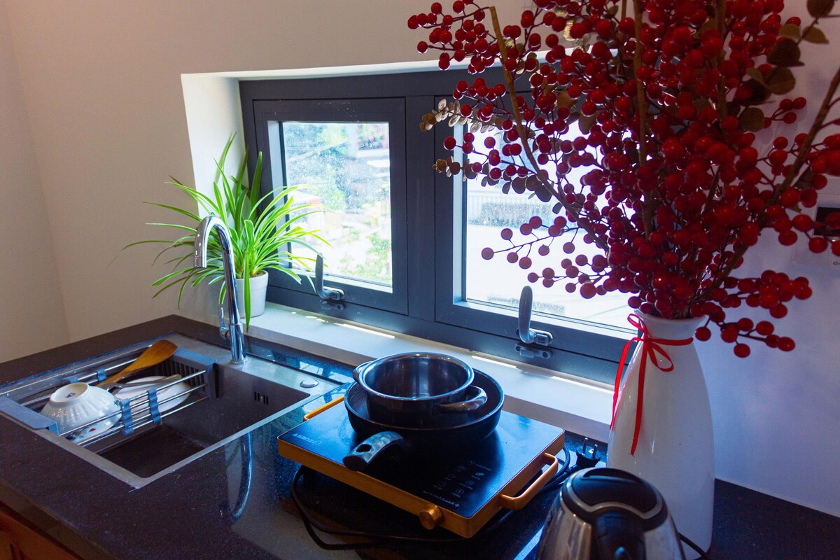 A modern kitchen window allows natural light to brighten the space. A sleek sink is equipped with utensils and a pot, accompanied by a kettle. A vibrant plant and a decorative vase with red foliage add a pop of color to the countertop.