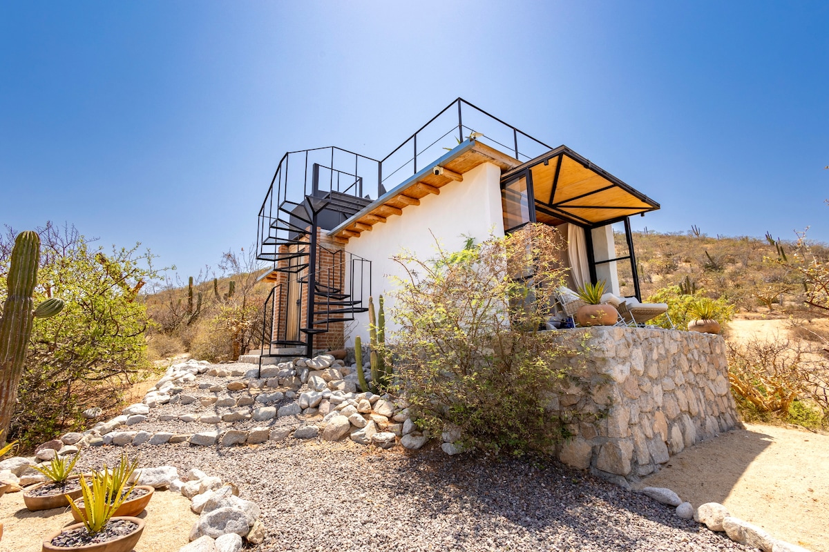 The exterior of the unique refuge showcases a blend of natural stone and modern architecture. A spiral staircase leads to a rooftop space, surrounded by native vegetation and desert plants. Clear skies illuminate the building, highlighting its integration with the surrounding landscape.