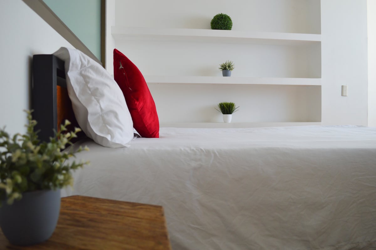 A clean and modern bedroom is showcased, featuring a spacious bed with white linens and adorned with decorative pillows. Shelves above the bed display small potted plants. A wooden table with a small planter adds warmth to the room.