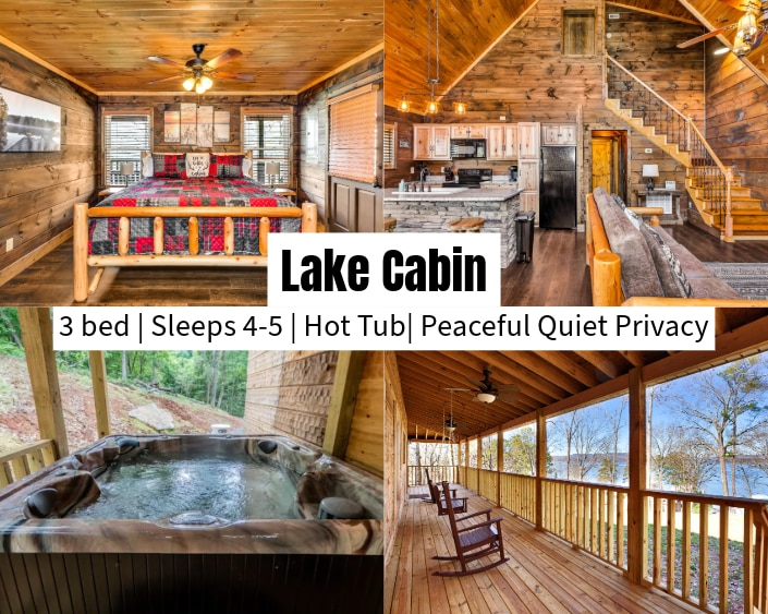 A spacious cabin interior highlights a warm wooden design with a cozy sleeping area featuring a patterned quilt on the bed. The open layout includes a modern kitchen visible in the background. An inviting hot tub is positioned on the porch, surrounded by wood railings and nature.