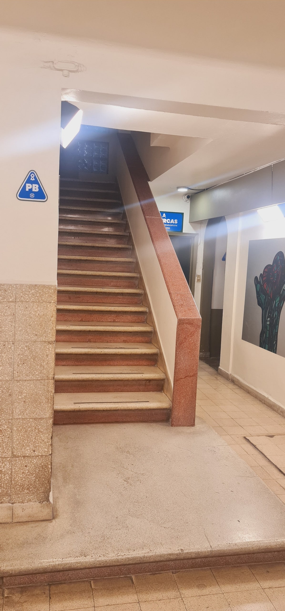 A well-lit staircase is seen leading to the upper floors. The stairs feature a smooth surface, bordered by beige walls. A blue sign indicating the ground floor is visible on the left side, and bright lighting enhances the accessibility of the entrance.
