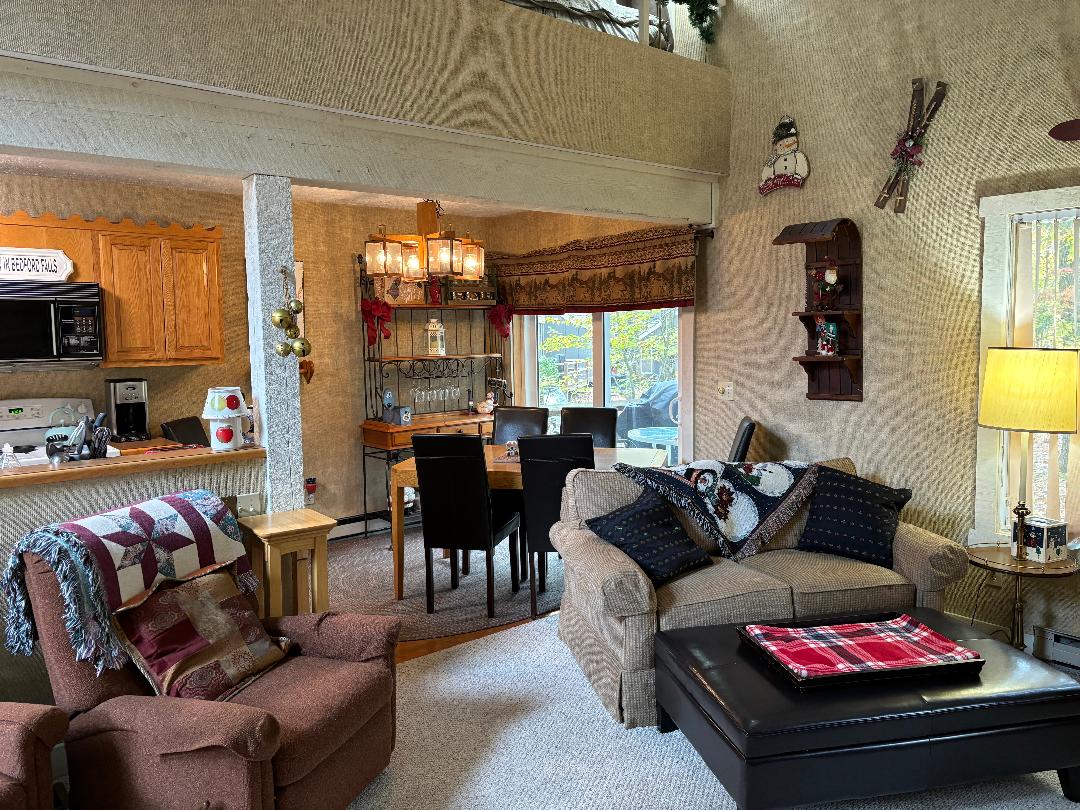 An open living area is presented, featuring a comfortable sofa and an armchair, adorned with a patterned throw. A dining table is visible in the background, surrounded by chairs. The kitchen area includes wooden cabinetry and a counter space, enhancing the communal atmosphere.