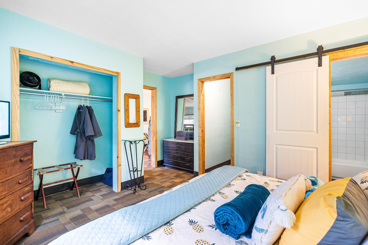 A cozy bedroom features soft blue walls and natural light enhancing the space. A spacious bed is adorned with decorative pillows. Nearby is a charming wooden dresser and a closet with hanging space. A mirror reflects the room's inviting ambiance.
