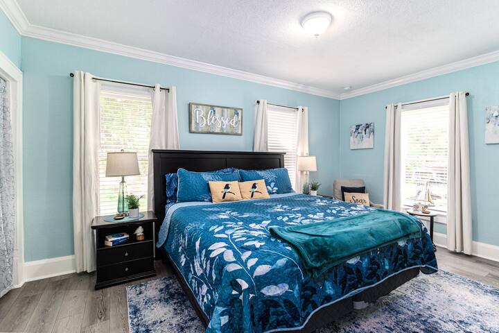 The upstairs loft with a king-sized bed offers an ideal retreat for couples.