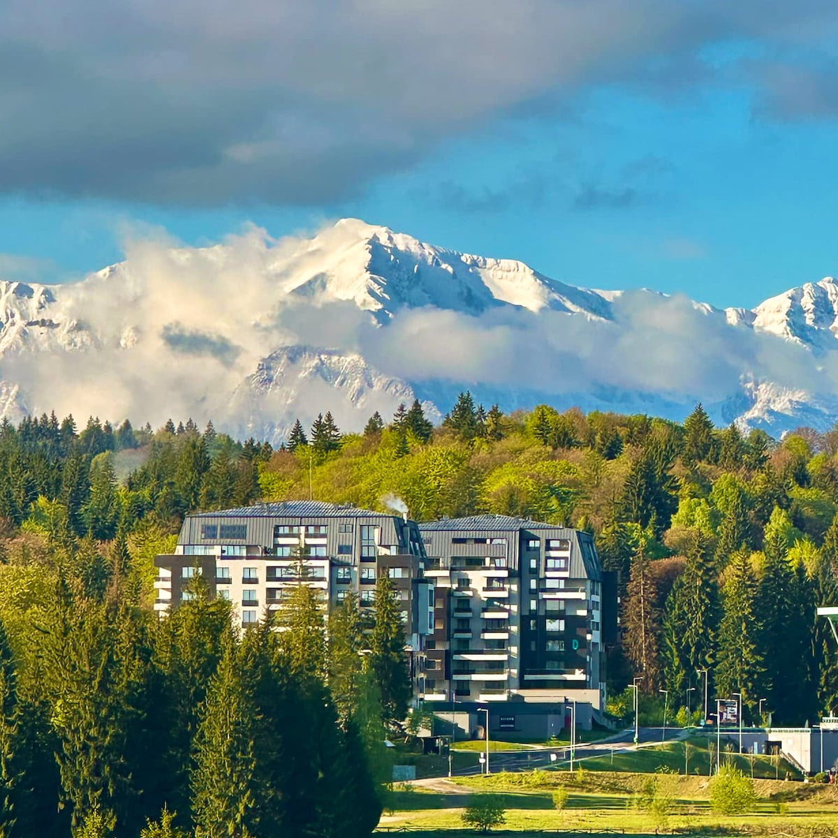 A contemporary building is nestled among vibrant green trees, with snow-capped mountains rising majestically in the background. Gentle clouds drift above, complementing the scenic landscape that combines natural beauty with modern architecture.