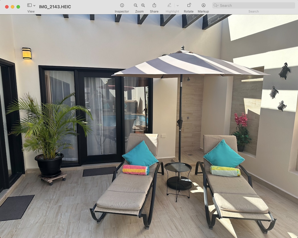 Two lounge chairs with bright cushions are positioned beneath a striped umbrella in a sunlit courtyard. A small side table is located between the chairs, while a potted plant adds a touch of greenery to the space. Glass doors lead to indoor areas.