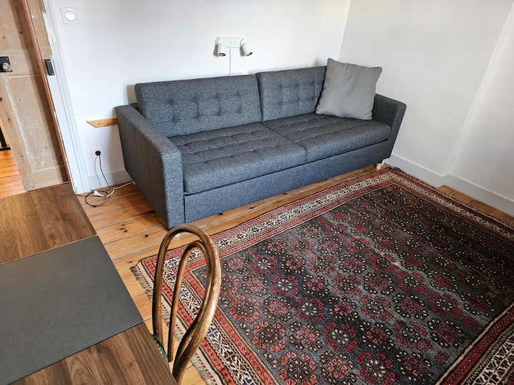 ห้องอ่านหนังสือชั้นบนสุดพร้อมเตียงโซฟาแบบเปิดประทุน (140 ซม.) โทรทัศน์พื้นที่ทำงานและตู้เสื้อผ้า จุดที่น่าเล่นในการเล่นโยคะหรือนั่งสมาธิบนพรมเปอร์เซียหรูหรา