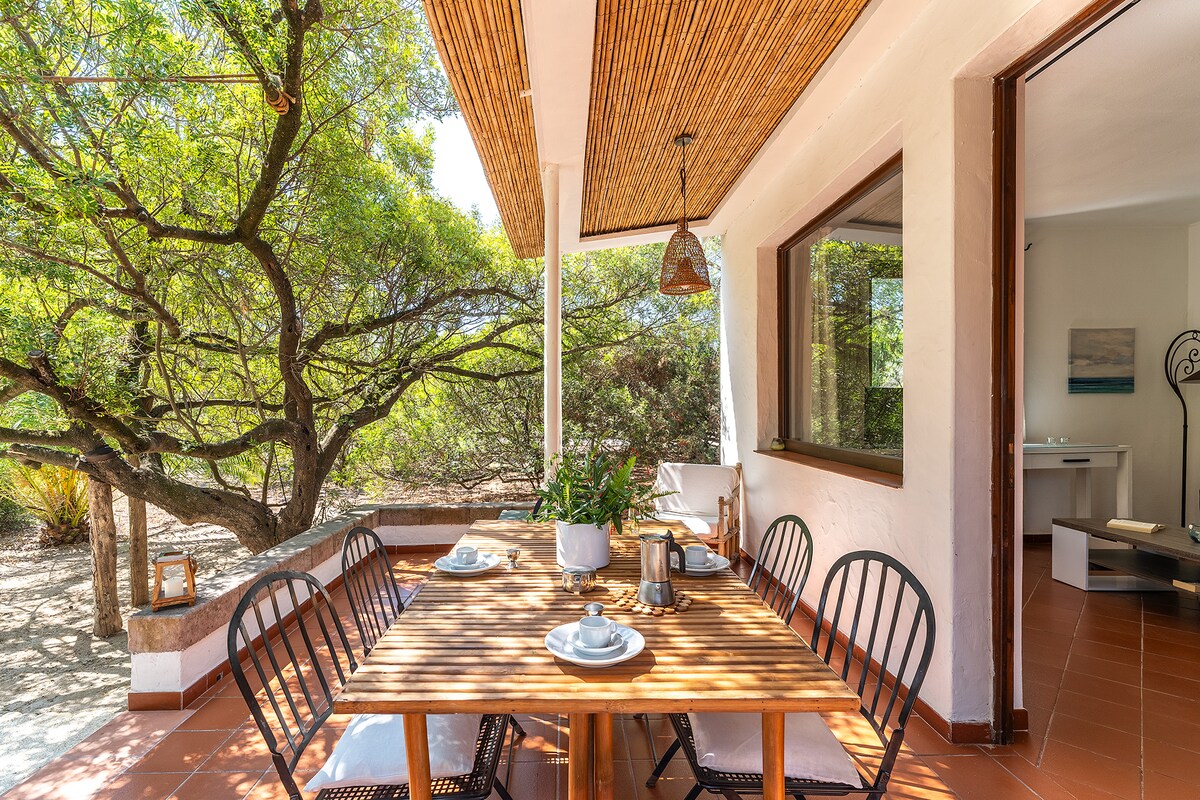 An outdoor dining area is presented under a wooden pergola, featuring a large wooden table surrounded by black chairs. Natural light filters through the canopy of leaves from a nearby tree, creating a relaxed atmosphere. Inside, a glimpse of a living space is visible through a window.