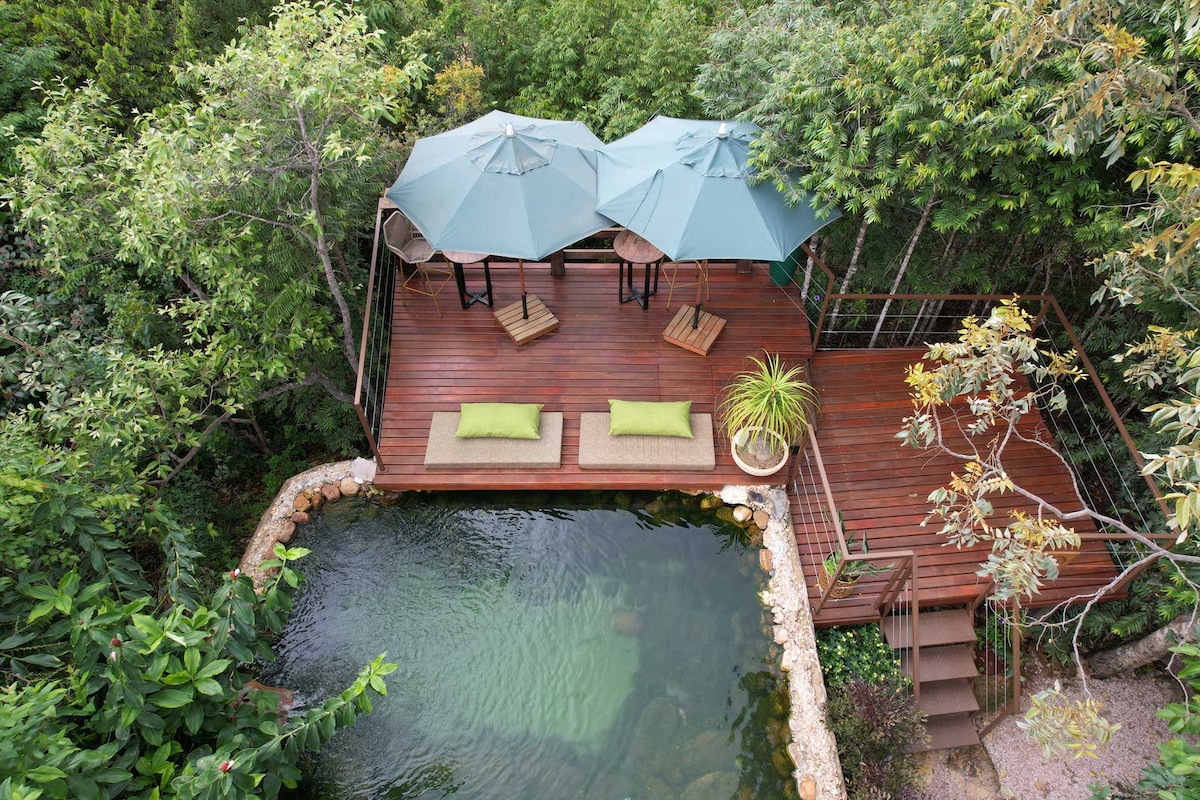 A wooden deck surrounded by lush greenery features two lounge chairs and two large umbrellas. A tranquil natural pool is visible alongside the deck, creating a serene setting for relaxation and connection with nature.